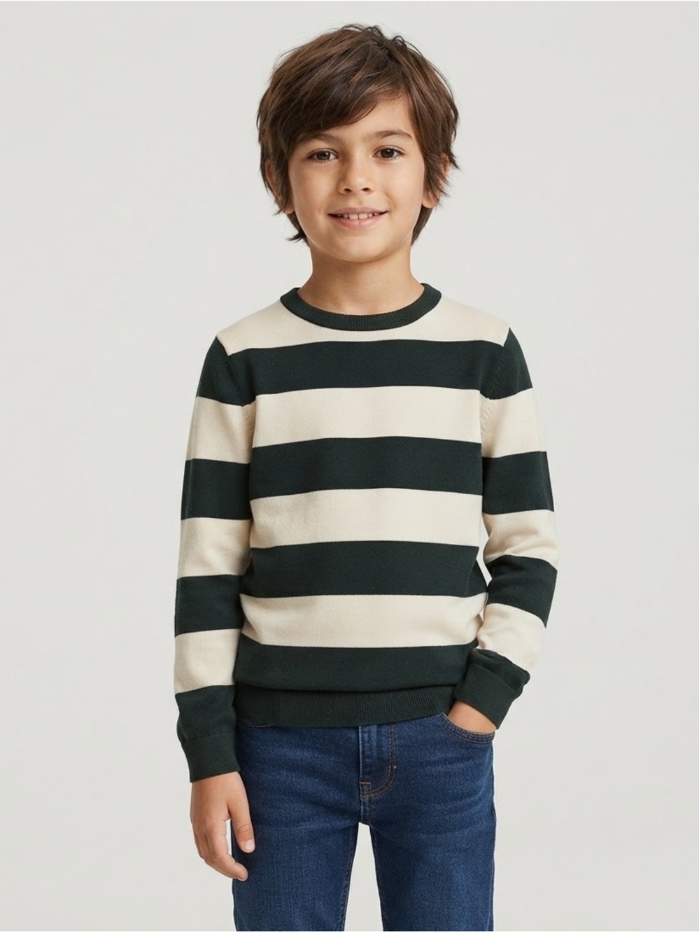 H&M Boys' Striped Crewneck Sweater - Cream & Dark Green